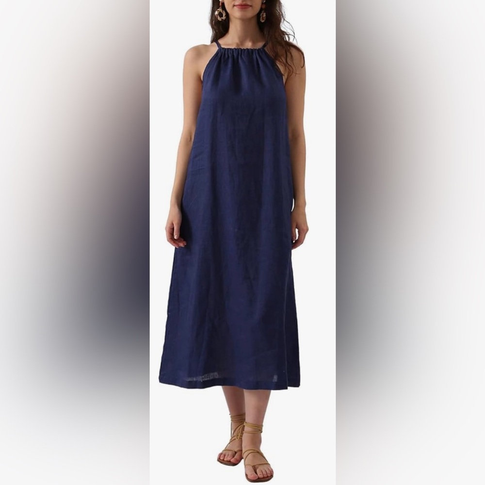 Womens S Navy Linen Halter Sleeveless Midi Dress Tie Back with Belt and Pockets